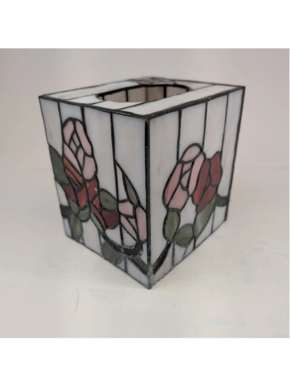 Stained glass floral rose square tissue box holder